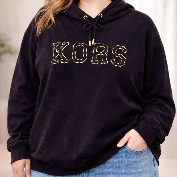 Michael Kors Women’s Top Gold Embellished Black Hoodie size 2X, Cotton Blend - Picture 2 of 9